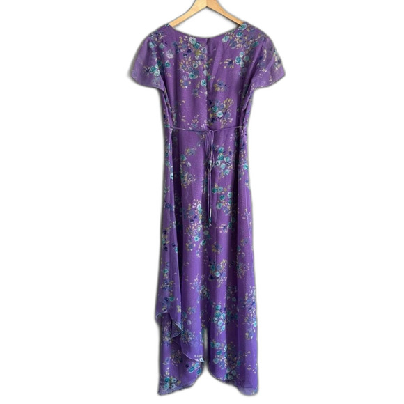 Chiffon Maxi Dress Purple Floral VNeck Sz 14 Short Sleeve Asymmetrical Tie Waist - Picture 7 of 8